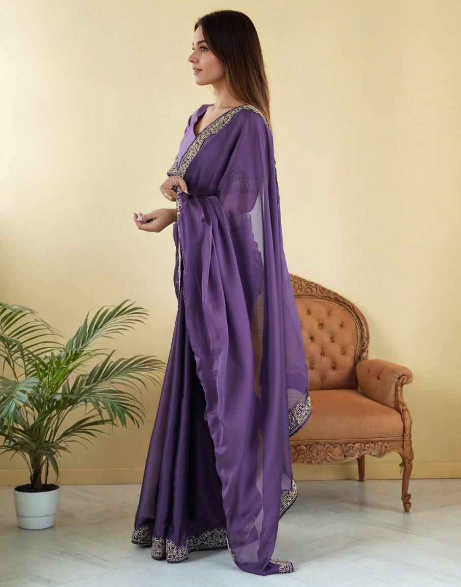 Lorenvalley Fashion Lavender Rangoli Silk with Coding Lace Work Saree with Blouse - Distacart