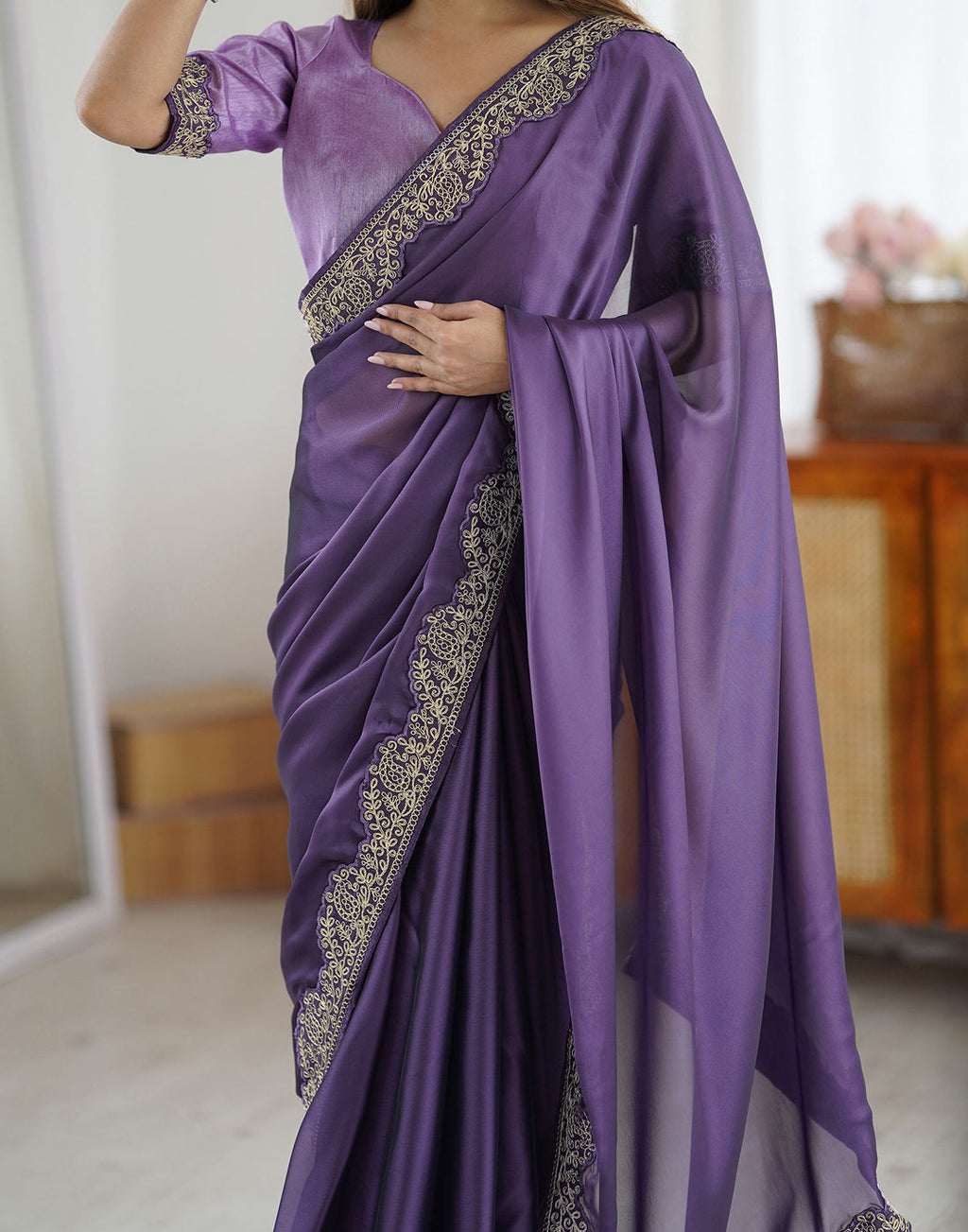 Lorenvalley Fashion Lavender Rangoli Silk with Coding Lace Work Saree with Blouse - Distacart