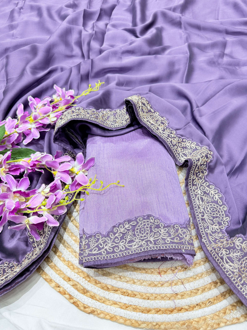 Lorenvalley Fashion Lavender Rangoli Silk with Coding Lace Work Saree with Blouse - Distacart