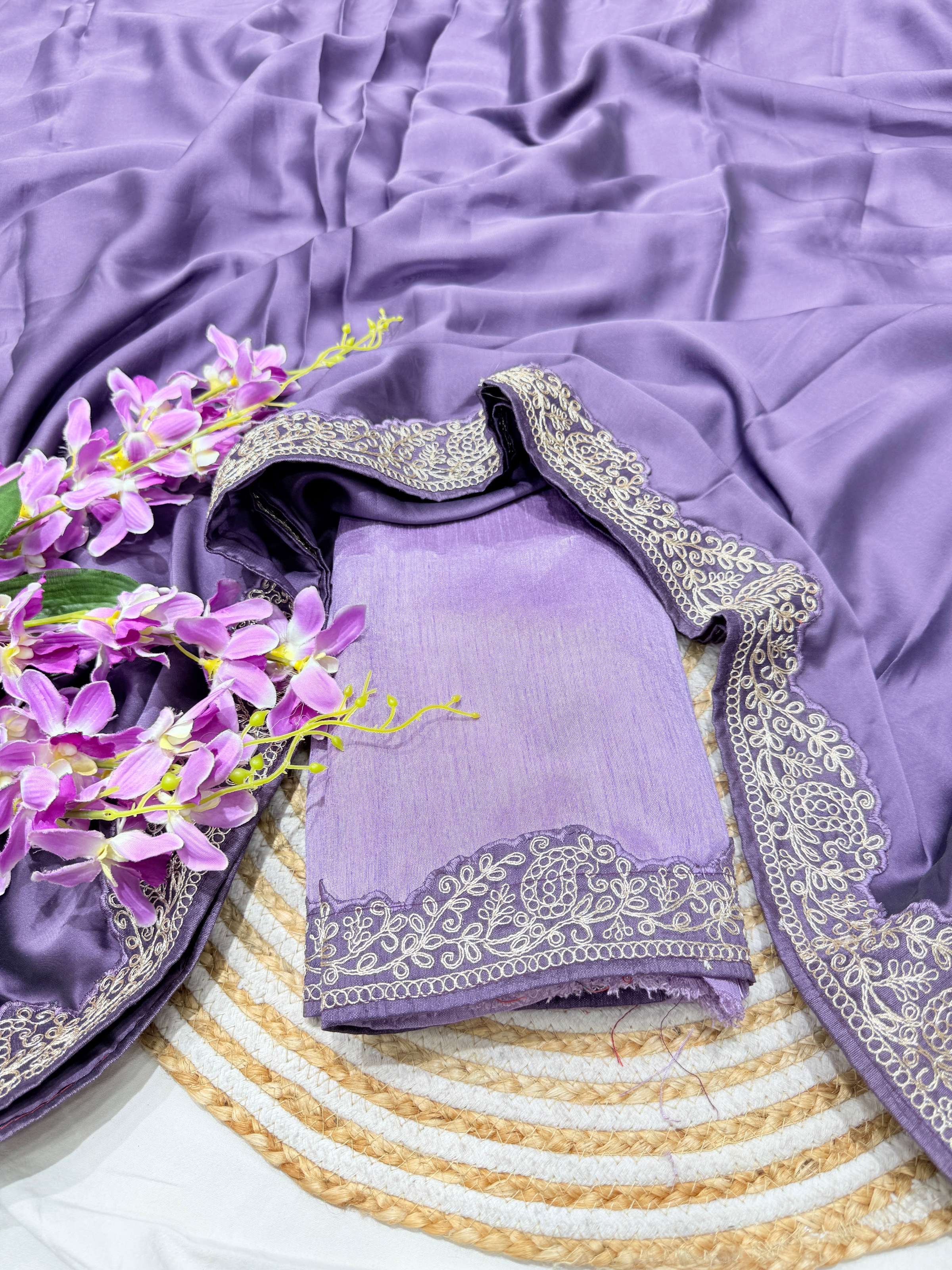 Lorenvalley Fashion Lavender Rangoli Silk with Coding Lace Work Saree with Blouse - Distacart