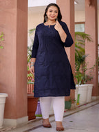 Yufta Navy Blue Floral Plus Size Chikankari Kurti Women - Distacart