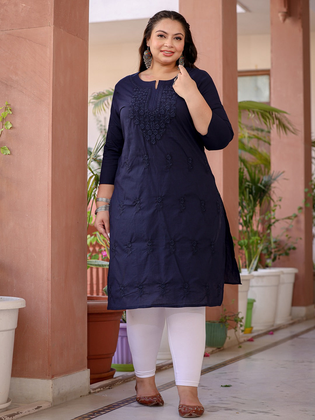 Yufta Navy Blue Floral Plus Size Chikankari Kurti Women - Distacart