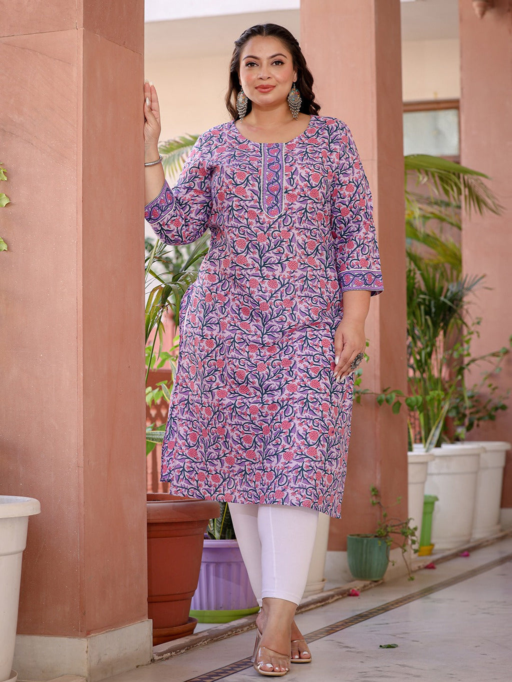 Yufta Lavender & Pink Floral Printed Plus Size Kurta
