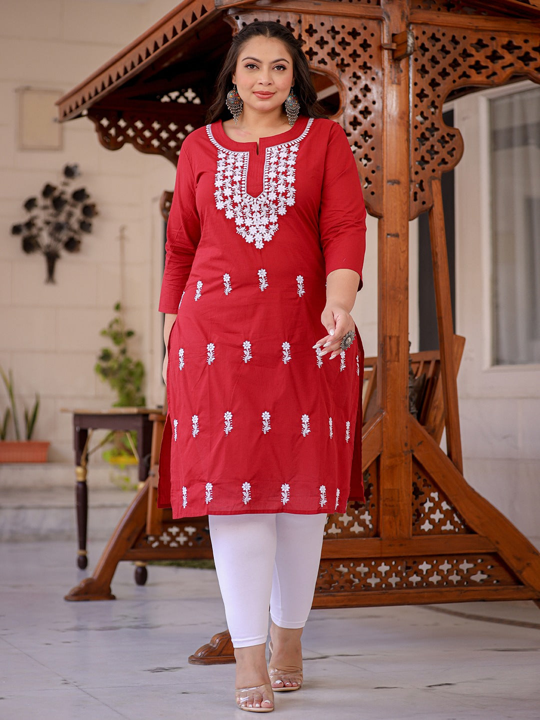 Yufta Maroon & White Embroidered Plus Size Chikankari Kurti