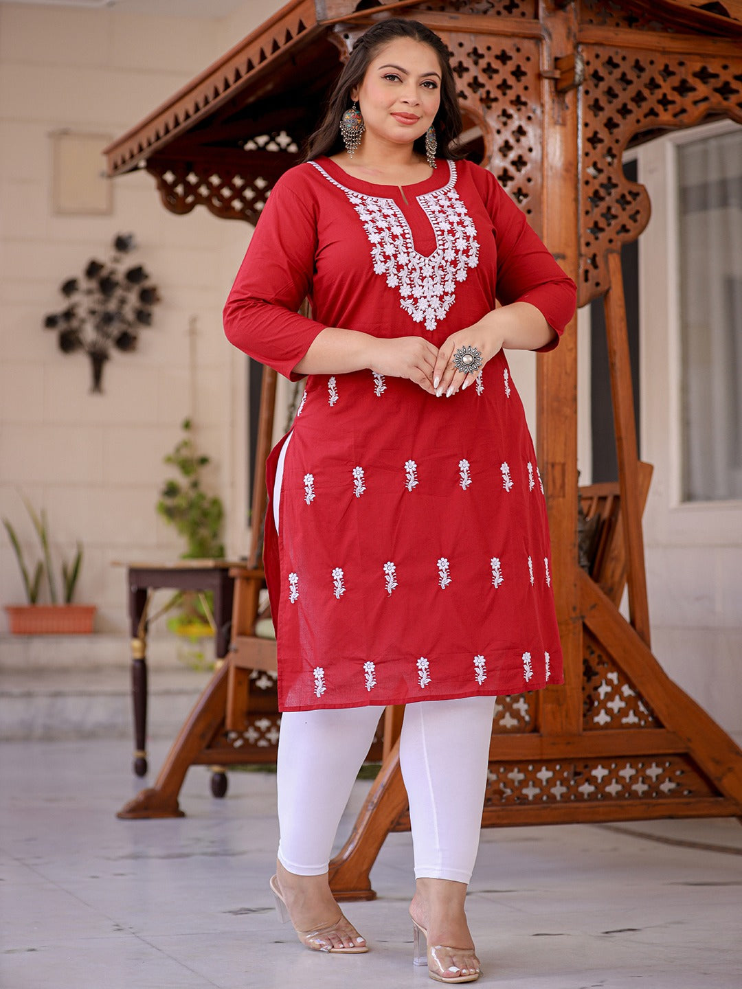 Yufta Maroon & White Embroidered Plus Size Chikankari Kurti