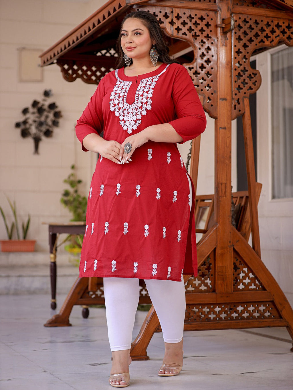 Yufta Maroon & White Embroidered Plus Size Chikankari Kurti