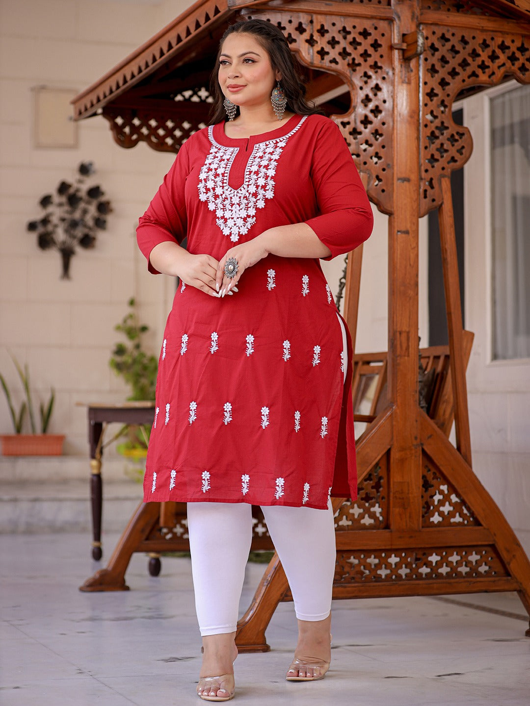 Yufta Maroon & White Embroidered Plus Size Chikankari Kurti