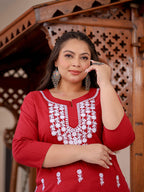 Yufta Maroon & White Embroidered Plus Size Chikankari Kurti