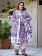 Yufta Plus Size Lavender & White Printed Dupatta Set