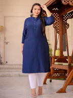 Yufta Blue Plus Size Kurta With Mandarin Collar