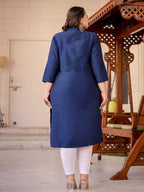 Yufta Blue Plus Size Kurta With Mandarin Collar