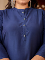 Yufta Blue Plus Size Kurta With Mandarin Collar