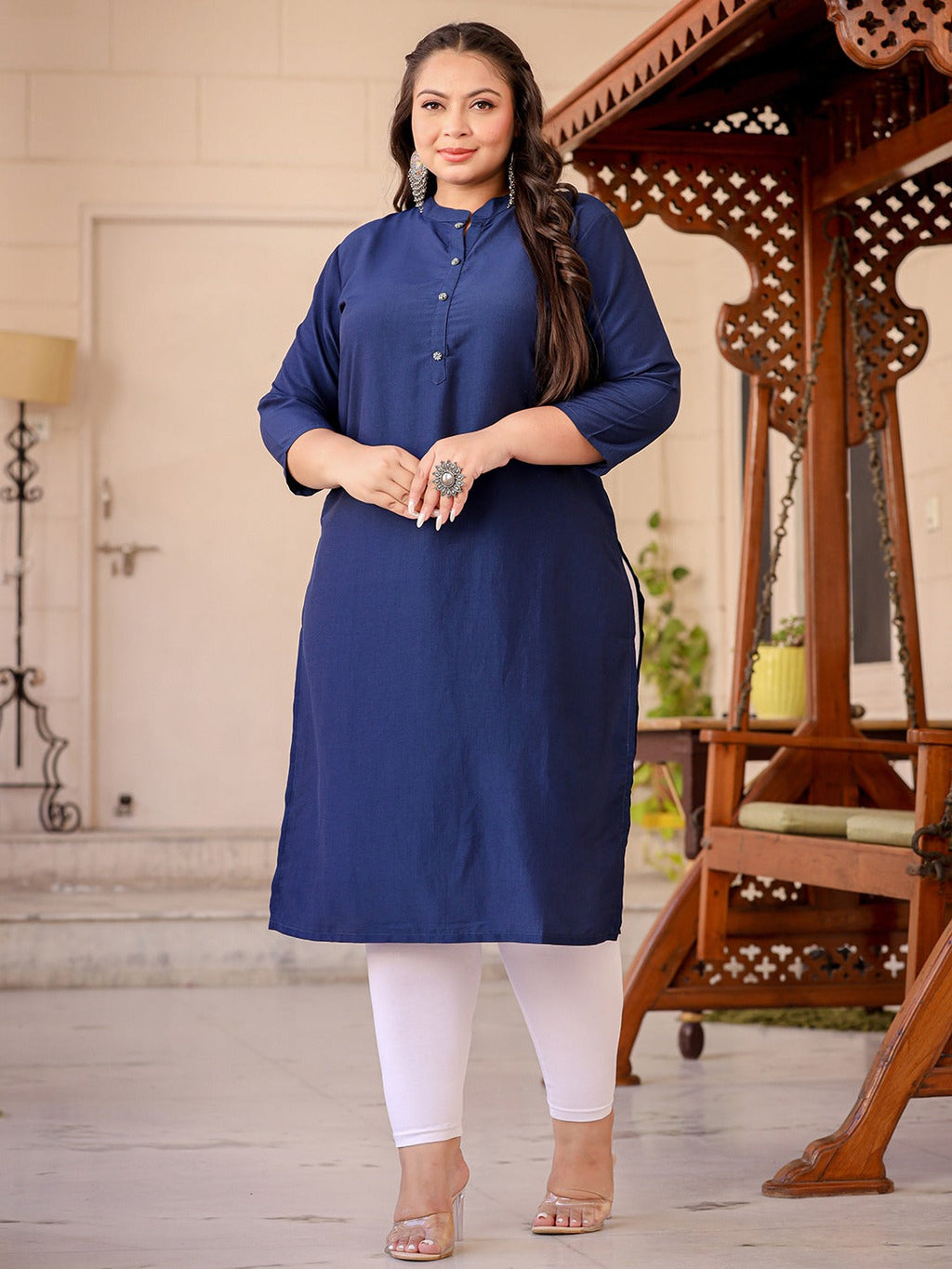 Yufta Blue Plus Size Kurta With Mandarin Collar