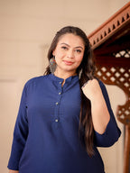 Yufta Blue Plus Size Kurta With Mandarin Collar