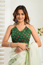 Vastranavya Green Digital Printed Linen Ready To Wear Designer Saree with Unstitched Blouse - Distacart