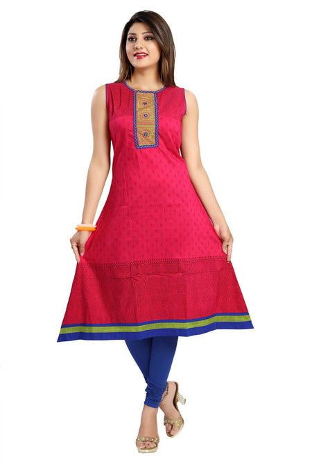Snehal Creations Bold And Blast Hot Pink Raw Silk Sleeveless Kurti Tunic