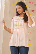 Juniper Women Peach Cotton Dobby Embroidered A-Line Tunic - Distacart