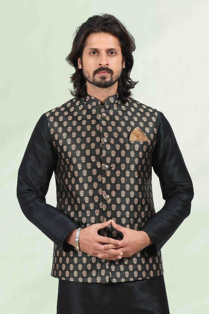 Raivat Ethnic Jacquard Banarasi Silk Woven Work 3 Pics Jacket Set In Black Colour - Distacart