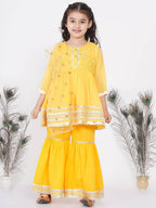 Little Bansi Girls Cotton Gotta Patti Kurta frock with Sharara & Dupatta - Yellow