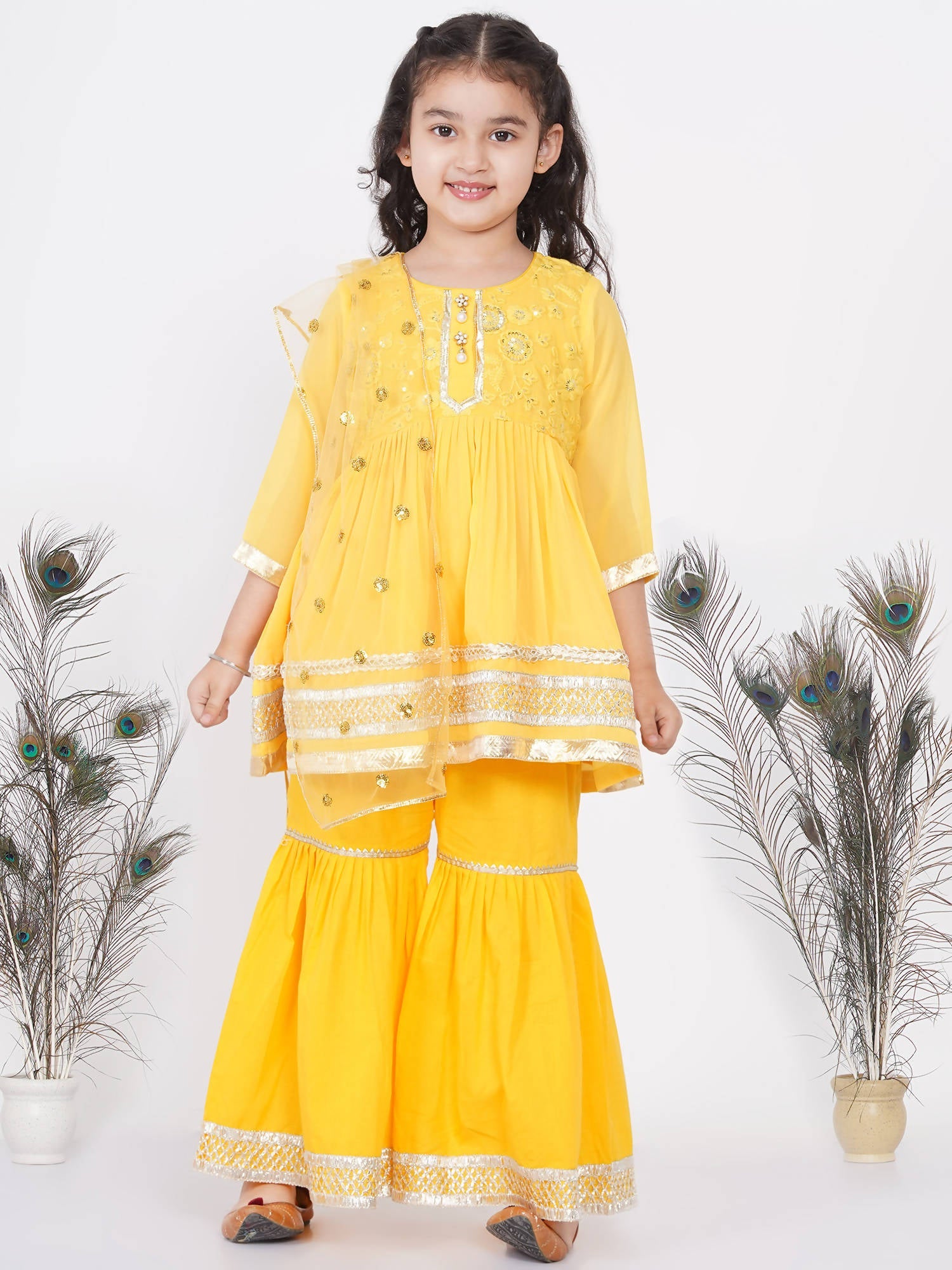 Little Bansi Girls Cotton Gotta Patti Kurta frock with Sharara & Dupatta - Yellow