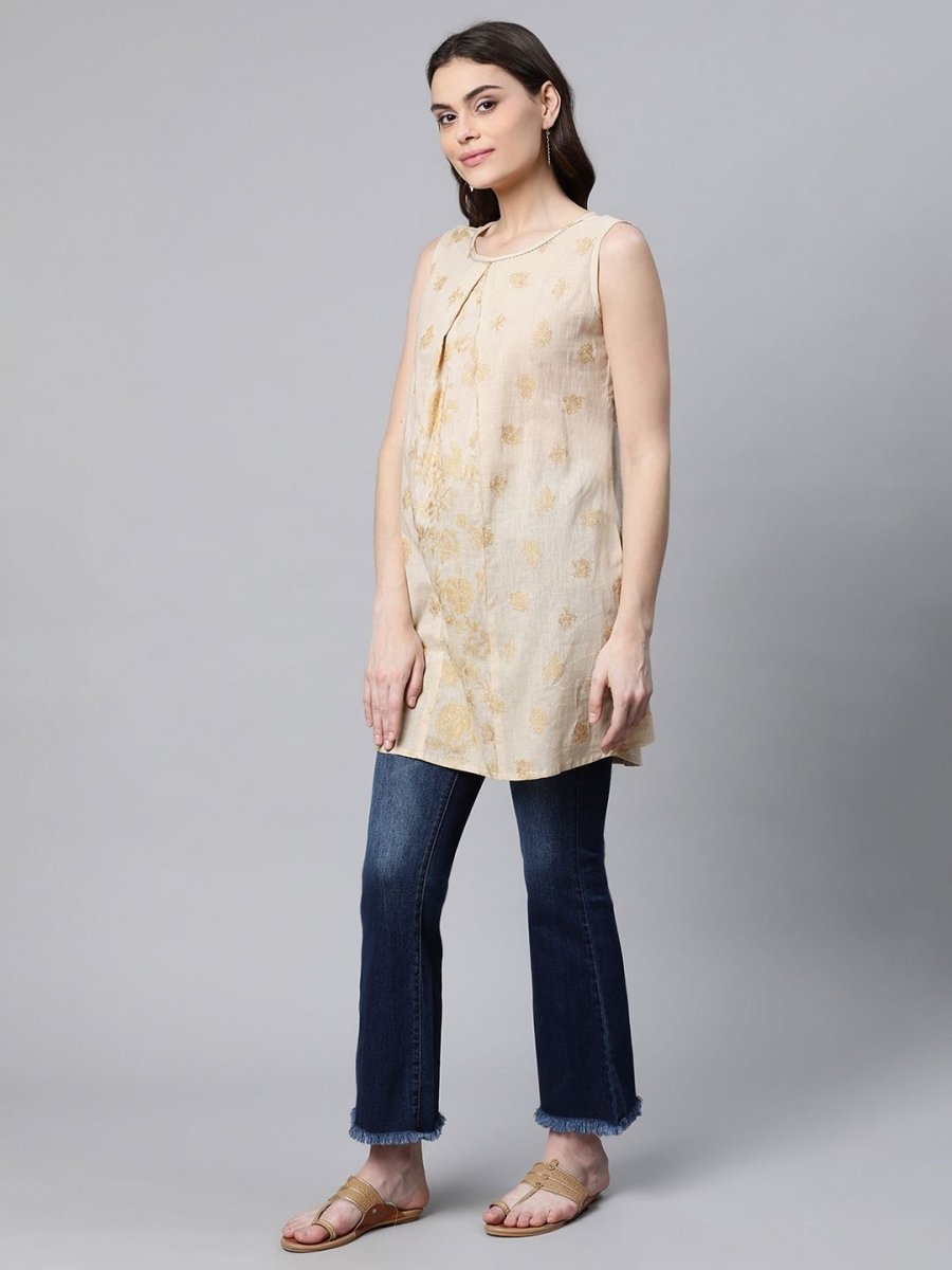 Ahalyaa Women Beige Pure Cotton Floral Printed Tunic - Distacart
