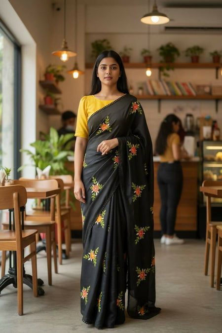 Teeya Creation Black Rangoli Silk Embroidery Work Party Wear Designer Saree