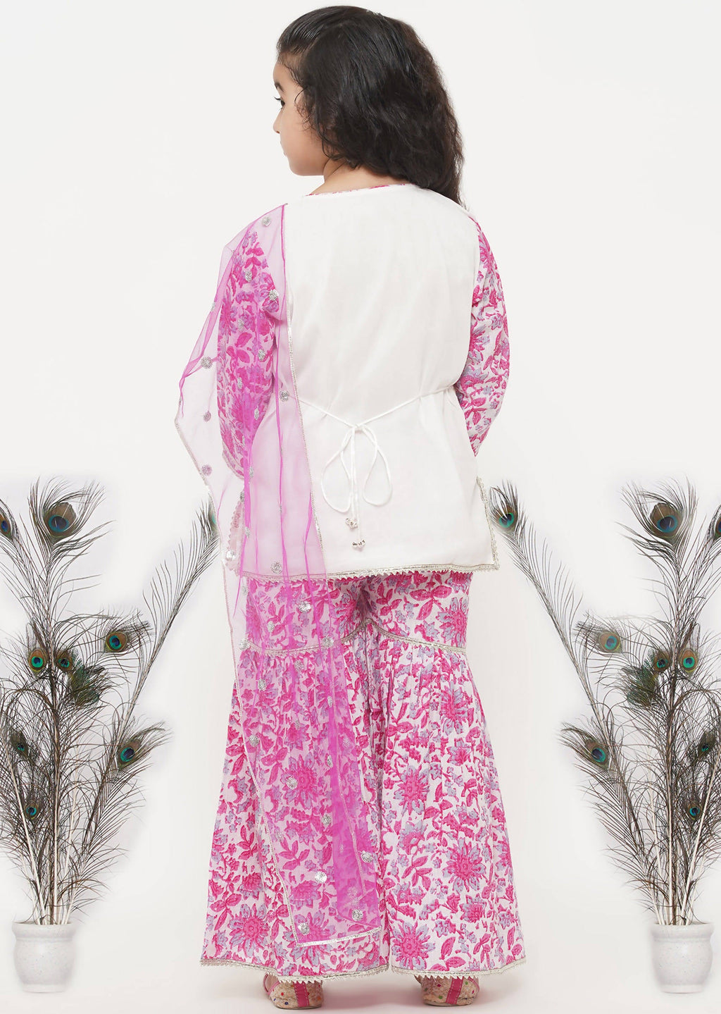 Little Bansi Girls Cotton Embroidery Kurta with Floral Sharara with Dupatta - White & Pink