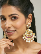 Nuyug 22K Gold-Plated Elegant Ruby & Kundan Stone Studded With Pearl Beaded Floral Chandbalis - Distacart