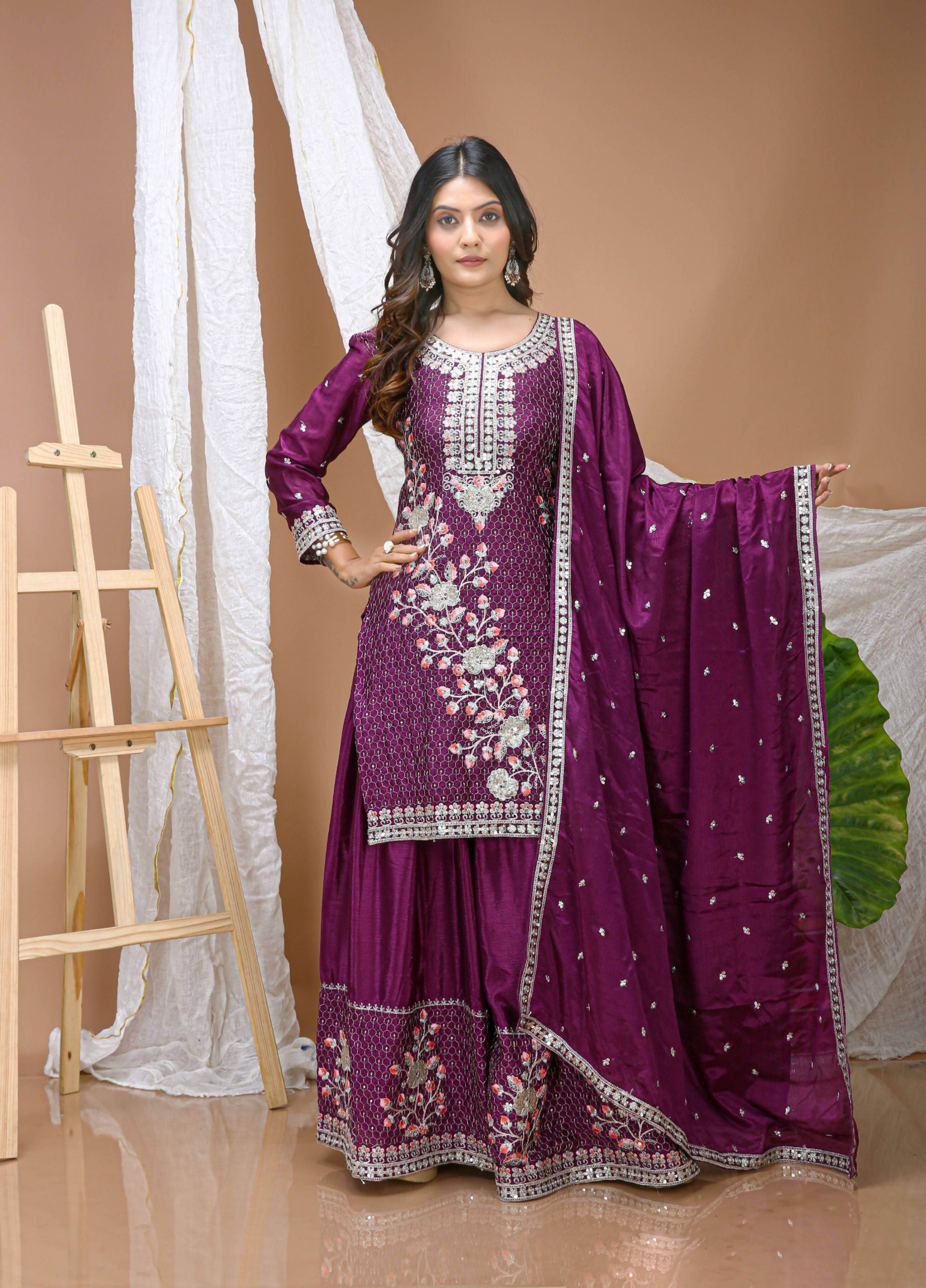 Lehenga Mart Designer Sharara Suit With Kurta, Sharara, Dupatta For Women-Wine - Distacart