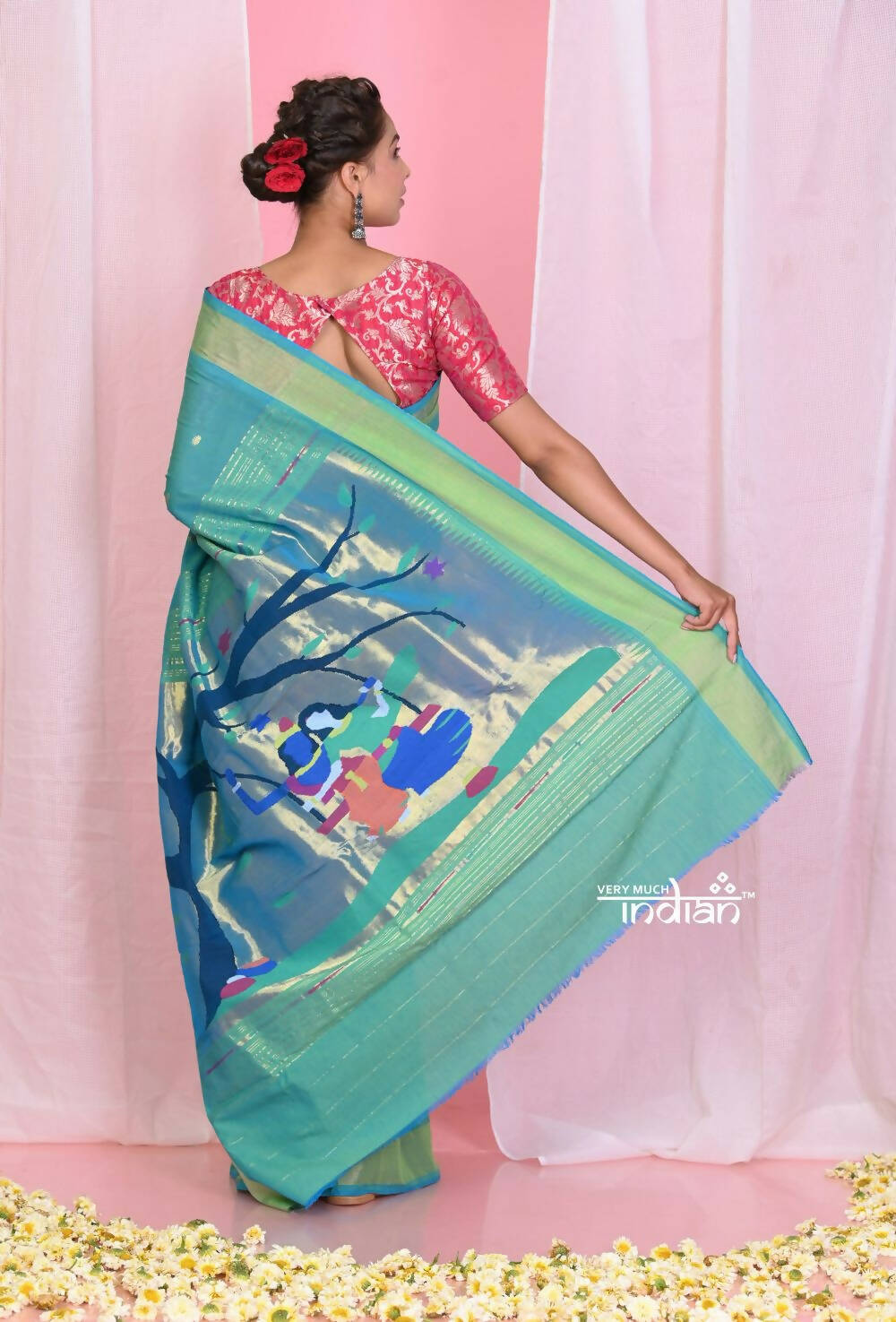 Very Much Indian Handloom Pure Cotton Paithani -Turquoise Blue - Distacart