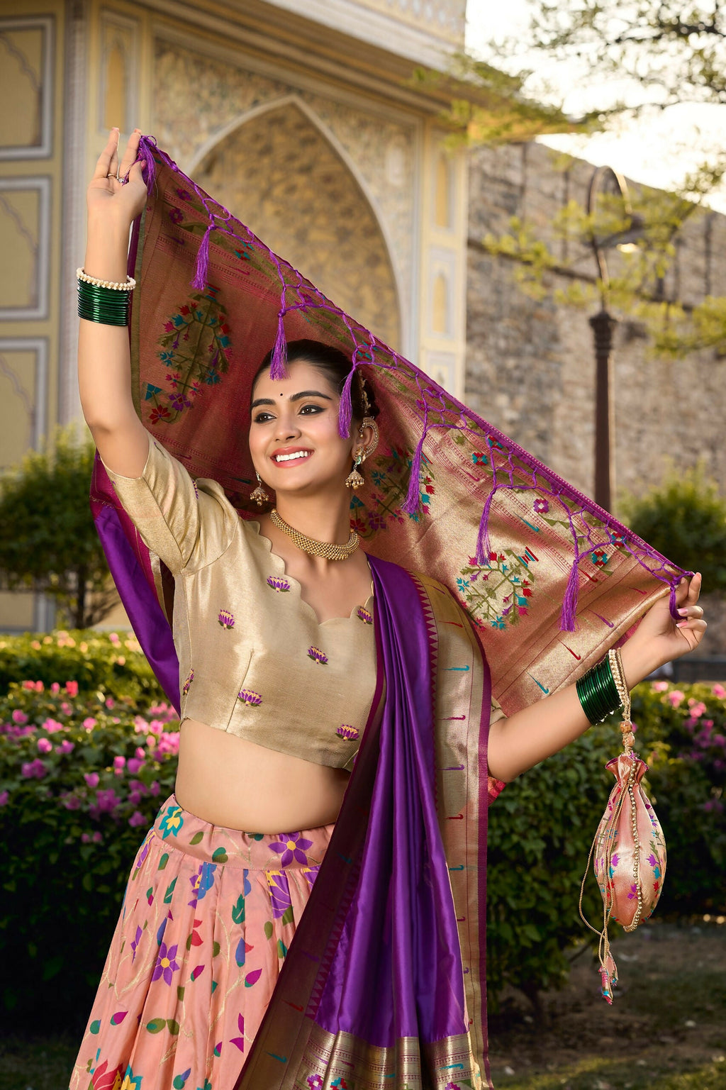 Vastranavya Traditional Jacquard Silk Paithani Lehenga Choli - Peach