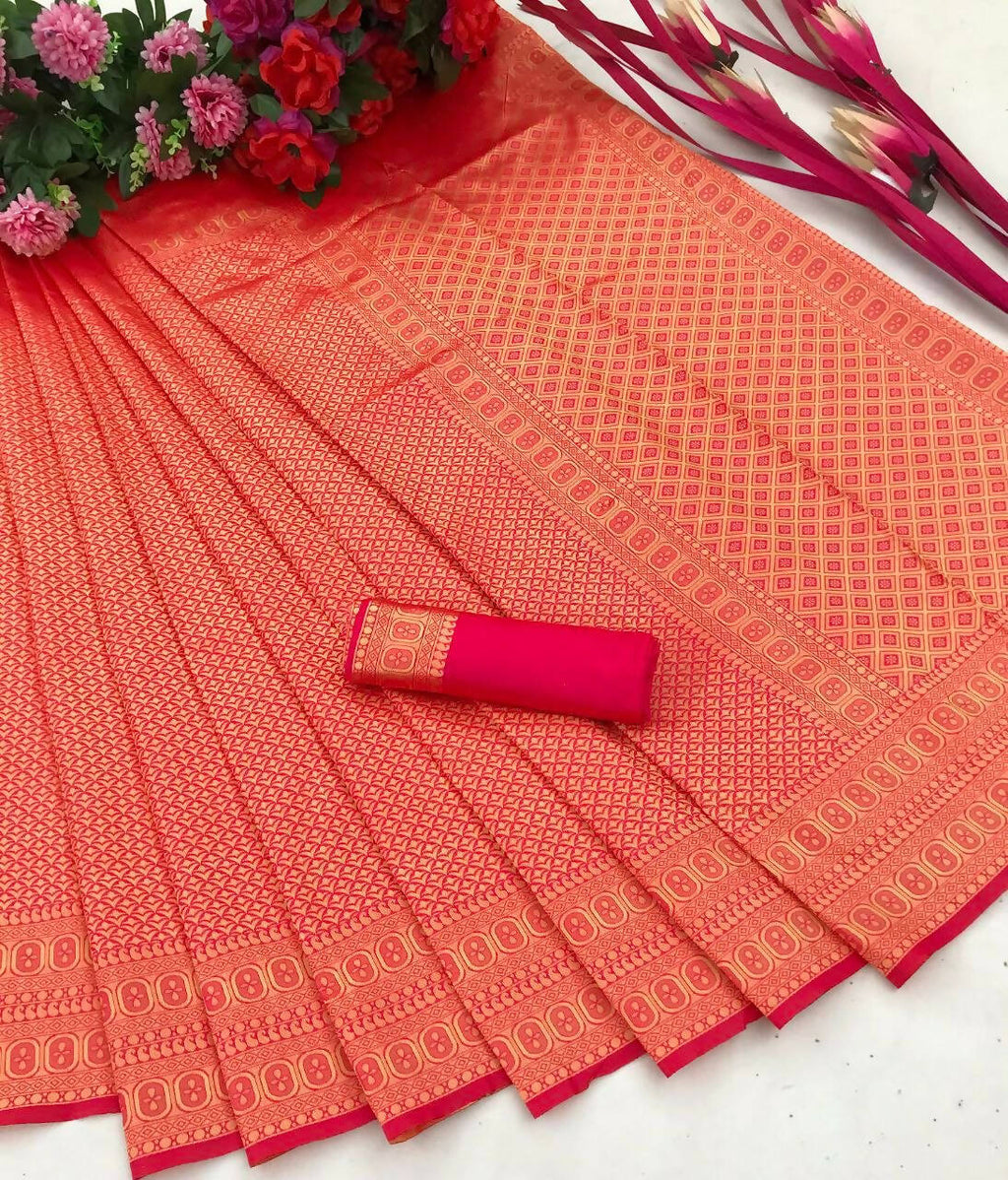DEIANA'S Beautiful Designer Golden zari Soft Lichi Silk Saree - Red
