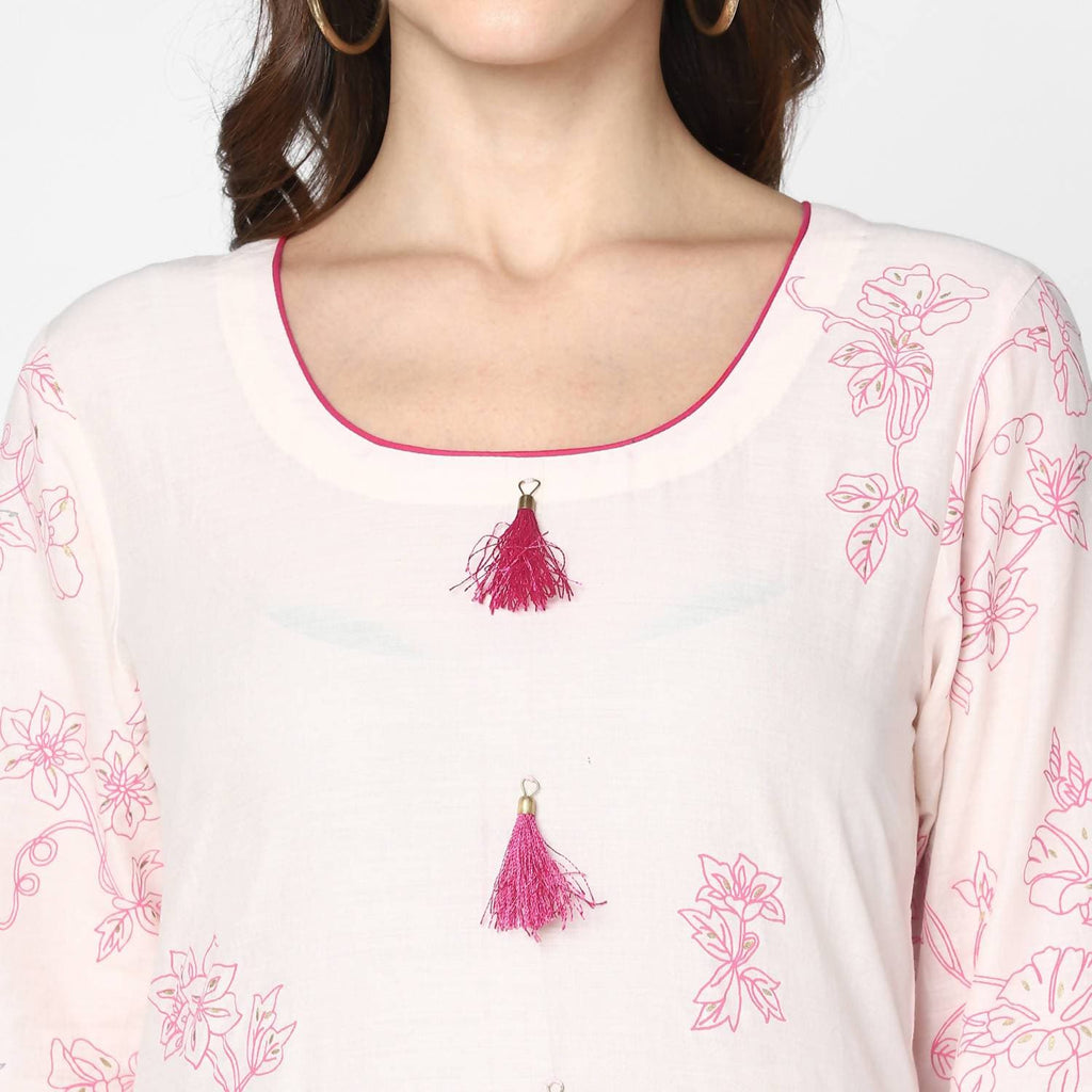 Cheera Hand Block Print Cream & Magenta Straight Kurta With Palazzo (MAAI-080K)