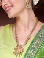 NVR Women's Gold-Polished Pink & Green Stone-Studded Peacock Design Temple Jewellery Set