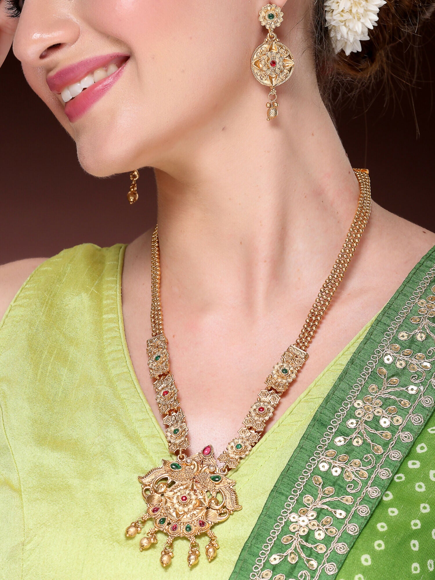 NVR Women's Gold-Polished Pink & Green Stone-Studded Peacock Design Temple Jewellery Set