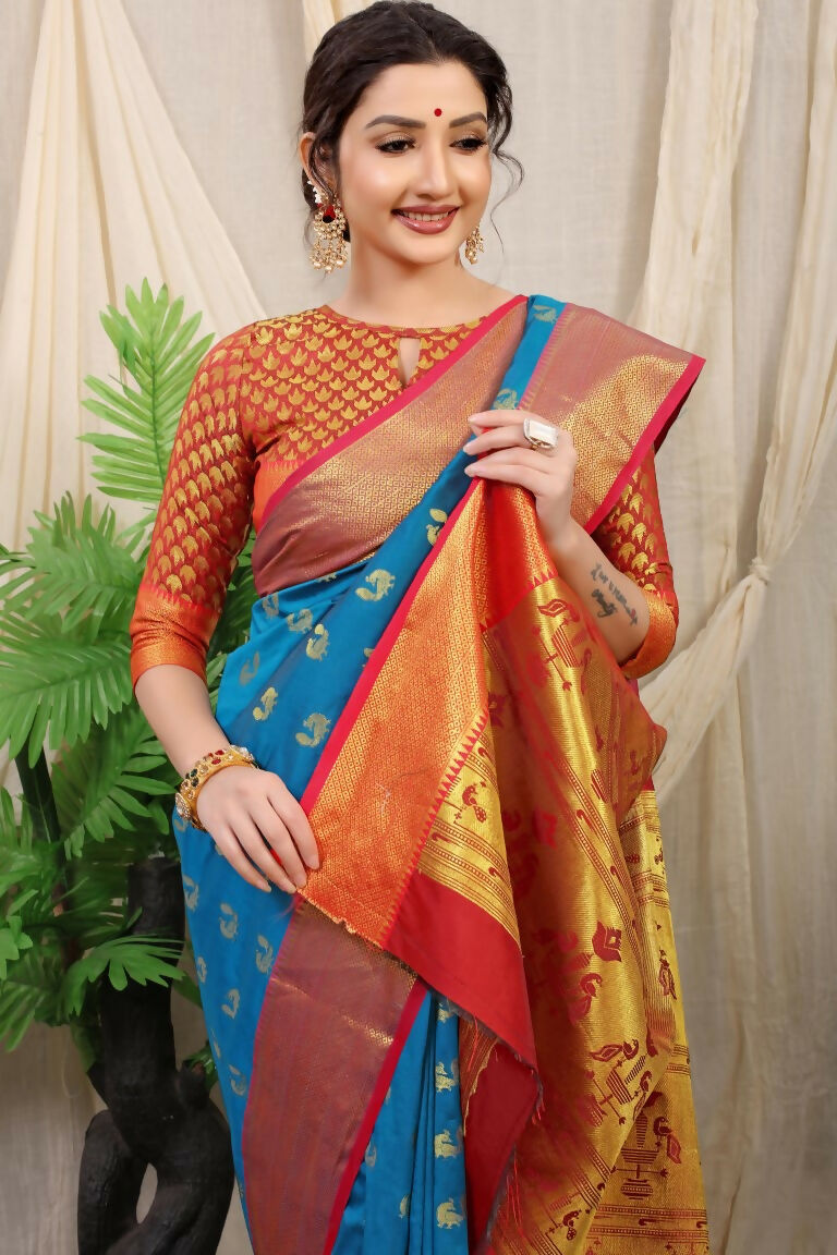Jyoti Fashion Women's Firozi Banarasi Silk Zari Woven Saree with Blouse