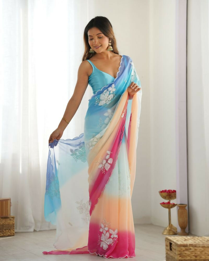 Sky Blue Georgette Pedding Color, Embroidery Work Party Wear Saree - Erisha