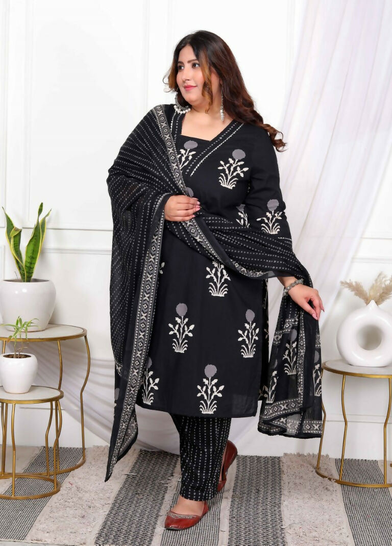 Miravan Women's Plus Size Cotton Gota Patti Black Floral Printed Straight Kurta Palazzo With Dupatta Set