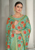 Sea Green Rangkat Tussar Silk Woven Design Saree with Unstitched Blouse - Mohmanthan Eshani