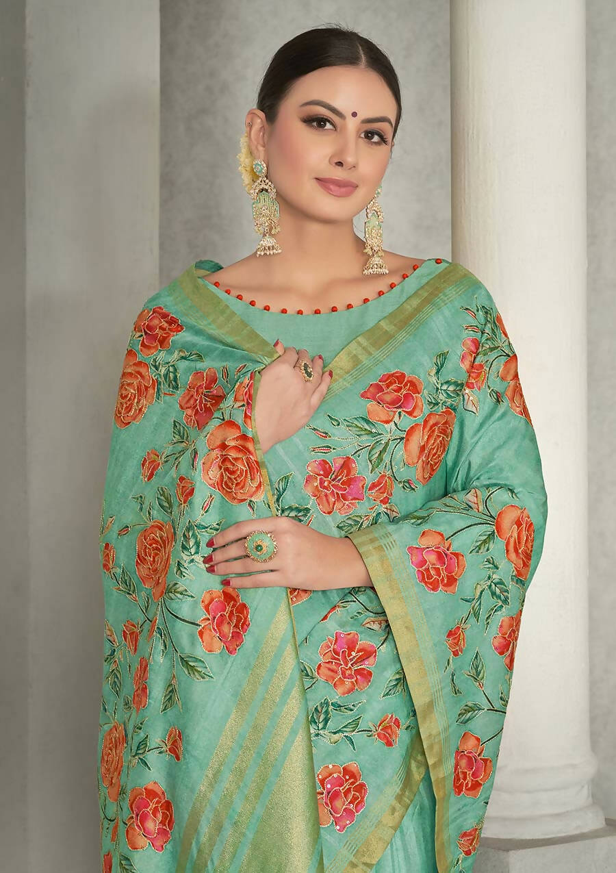 Sea Green Rangkat Tussar Silk Woven Design Saree with Unstitched Blouse - Mohmanthan Eshani