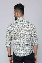 Miravan Men's White & Blue Floral Print Cotton Regular Fit Shirt
