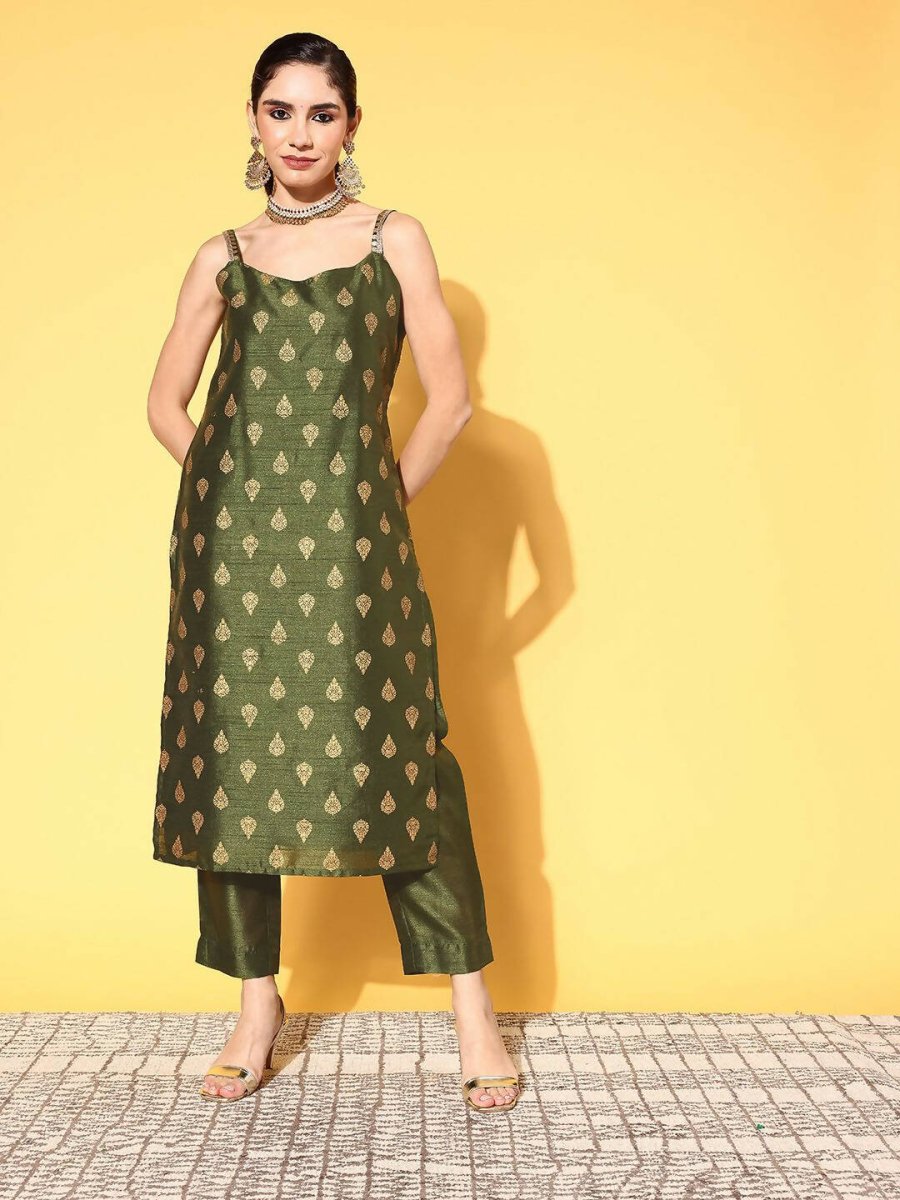 Ahalyaa Women's Olive Colour Poly Silk Gold Printed Kurta Pant Set - Distacart