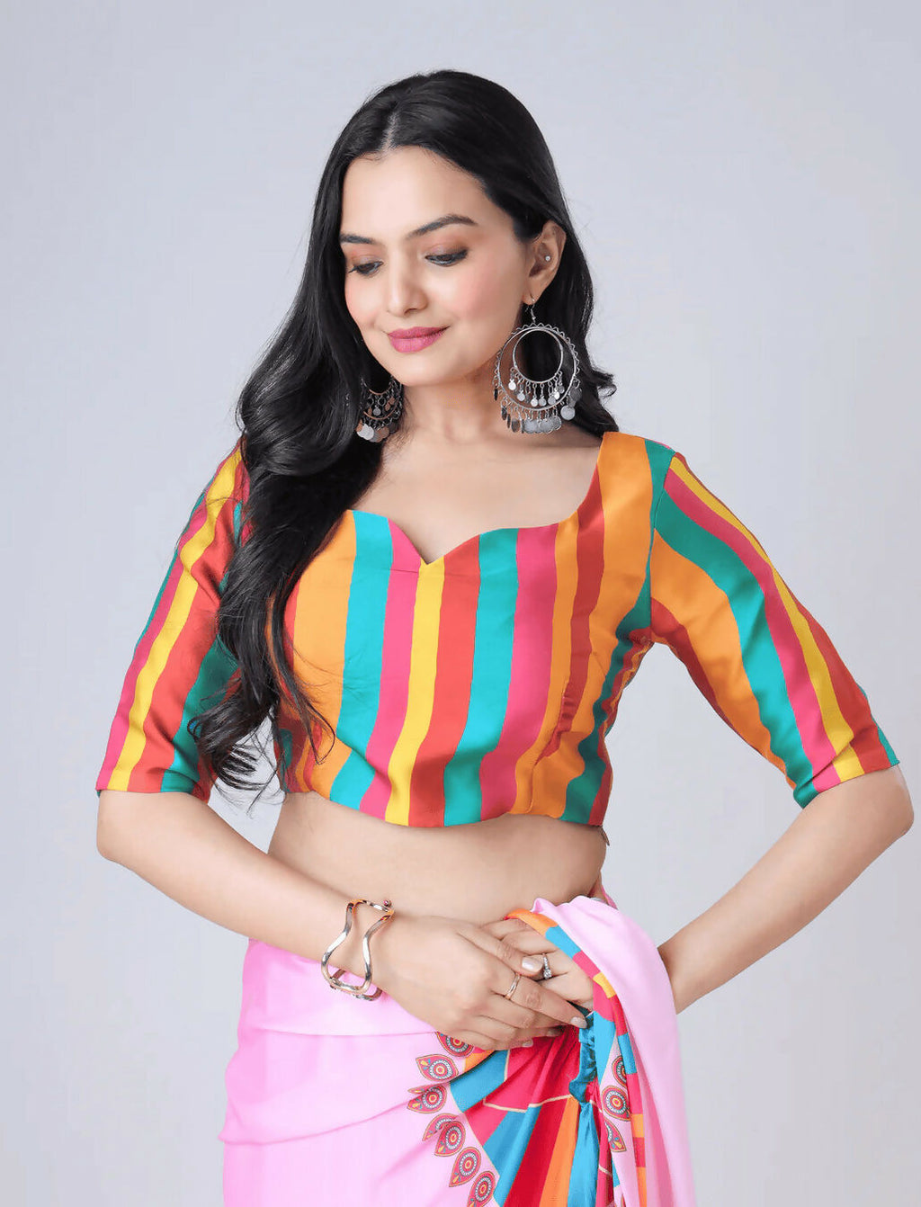Vastranavya Baby Pink Ready to Wear Festive Print Free Hand Saree