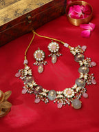 Ruby Raang Gold Polished Green Kundan And Mint Colored Stonework Necklace With Matching Earrings