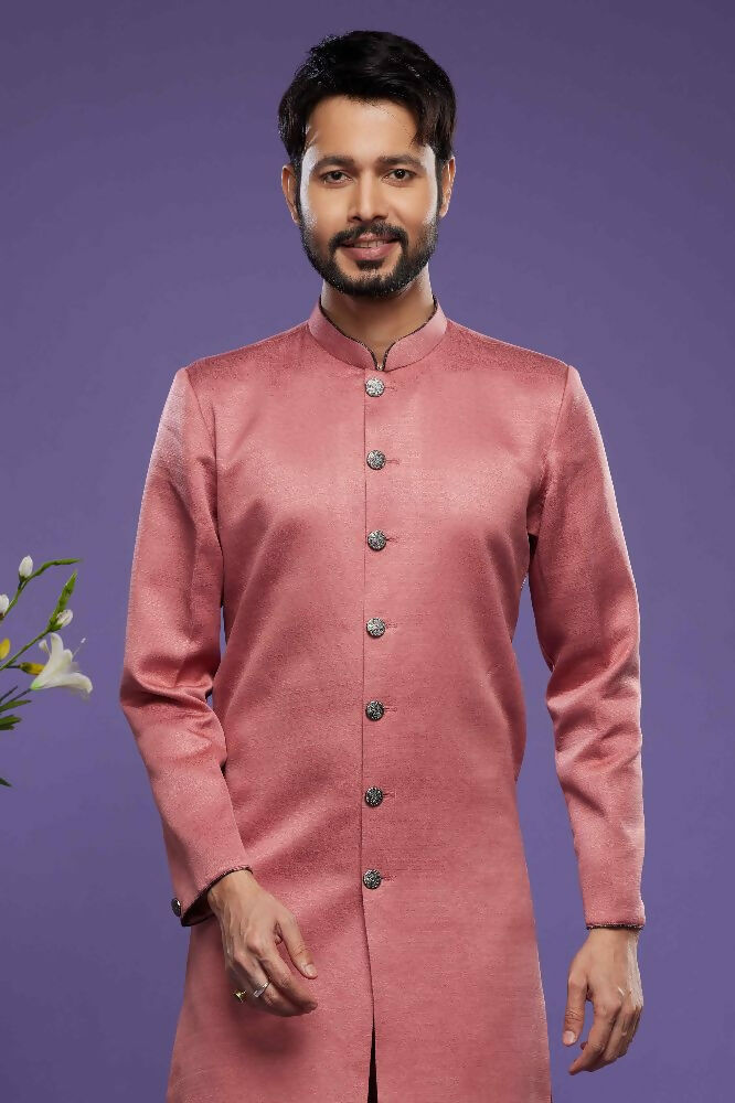 Raivat Ethnic Art Banarasi Silk Thread Work Kurta Pajama In Rust Pink Colour