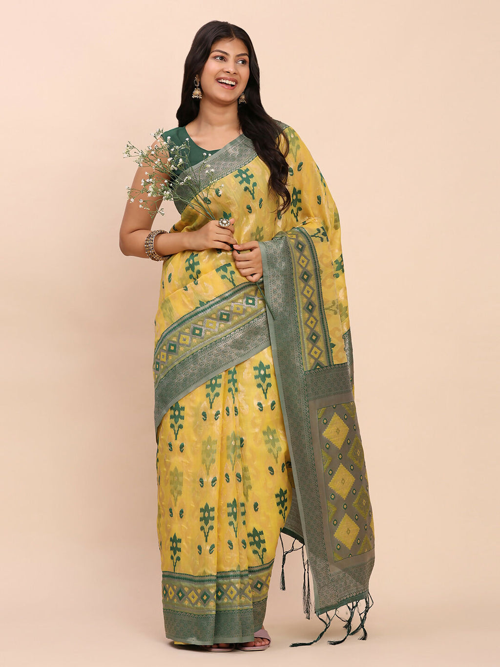 Shree Shyam Fashion Linen Cotton Yellow Saree - Distacart