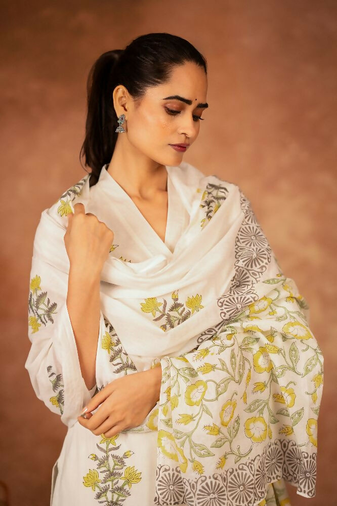 Joban Fashion Off White Yellow Hand Block Printed Cotton Suit Set - Distacart
