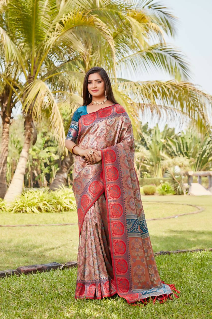 Vastranavya Boutique Collection Kanjivaram Soft Silk Saree With Unstitched Blouse - Light Orange
