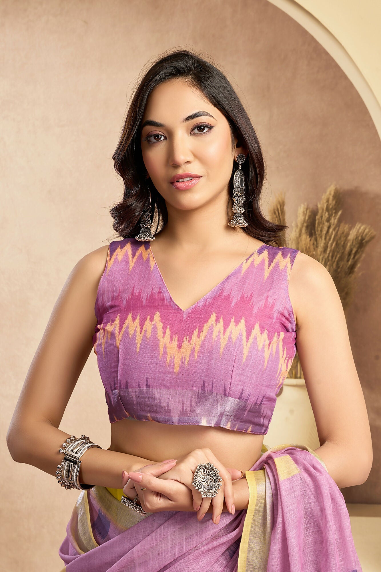 Vastranavya Onion Pink Digital Printed Linen Ready To Wear Pocket Saree with Unstitched Blouse - Distacart