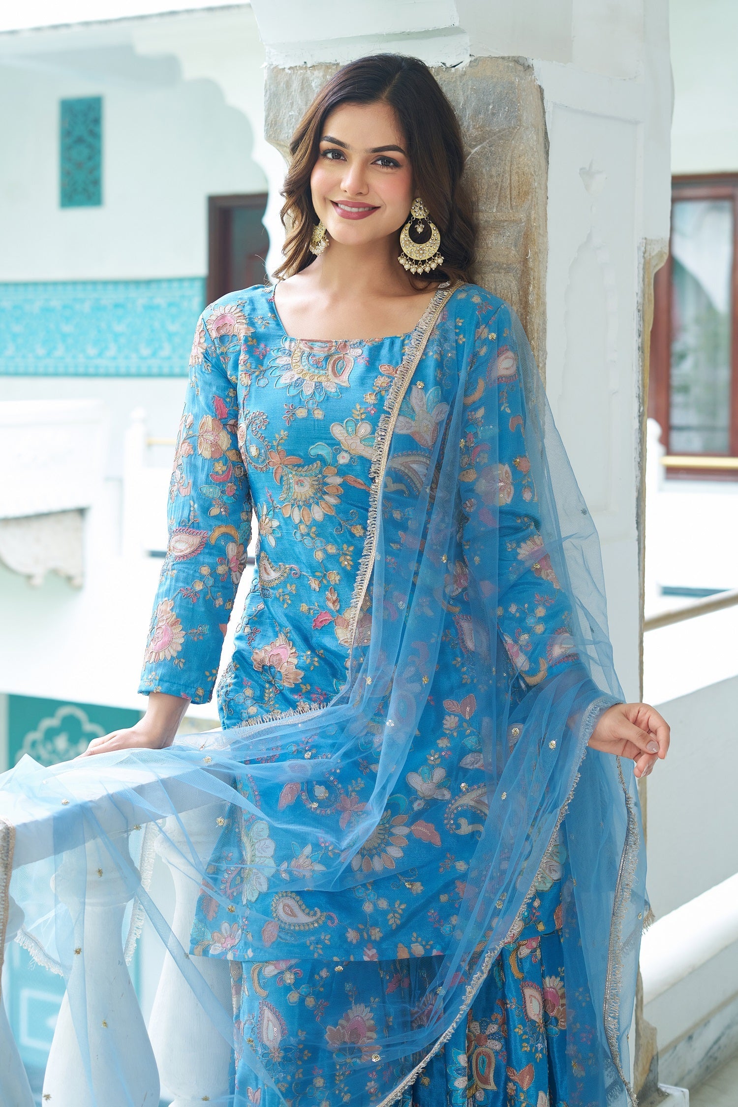 Teeya Creation Multi Color Chinnon Silk With Heavy Embroidery With Positiona Print Fully Stitched Sharara Suit - Distacart